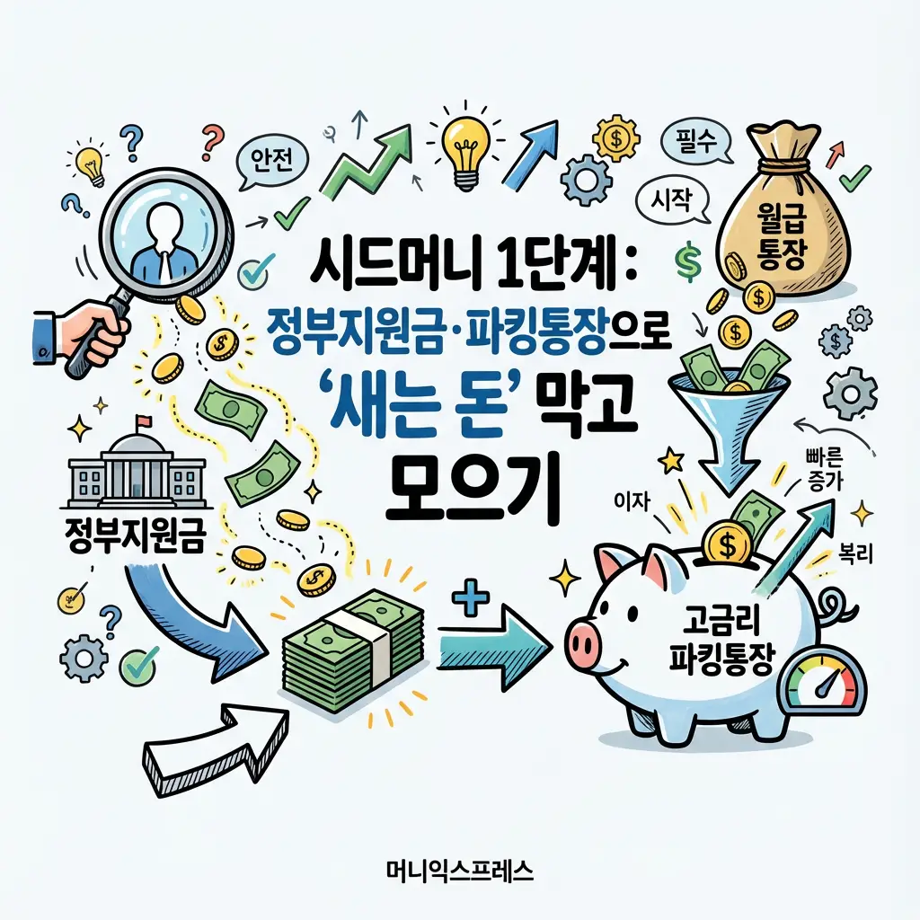 시드머니 1단계 정부지원금과 파킹통장 활용 저축 방법 인포그래픽