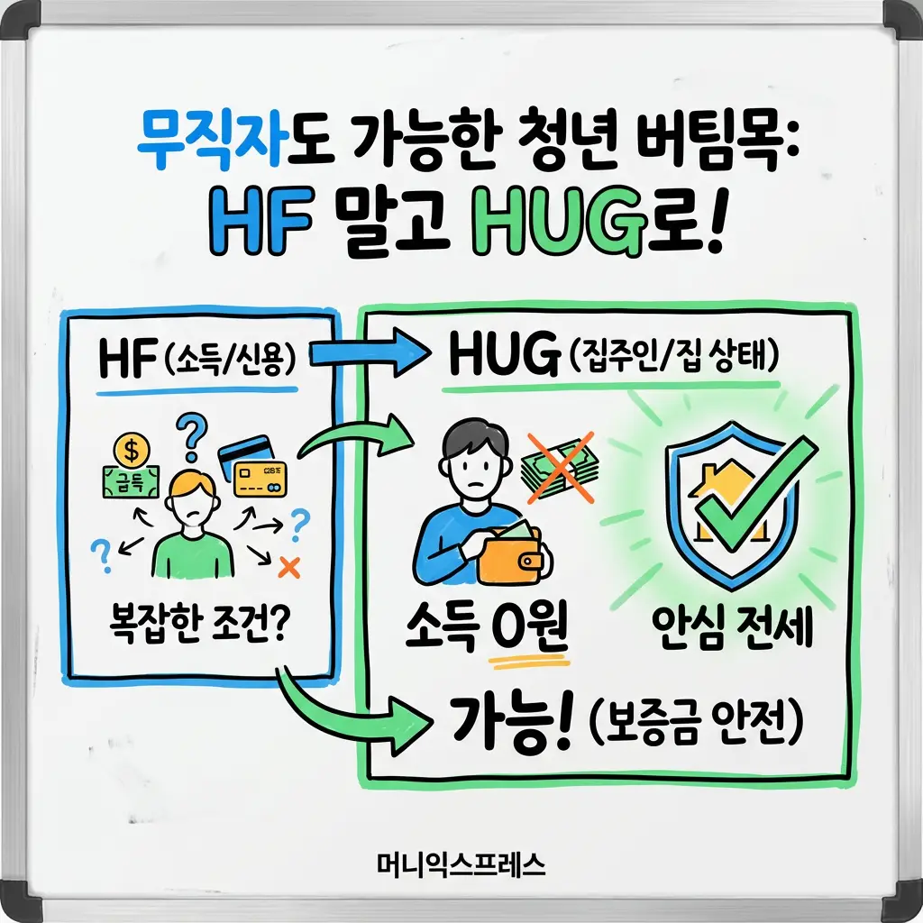 소득 없는 무직자도 가능한 HUG 안심전세와 HF 보증 조건 비교 인포그래픽