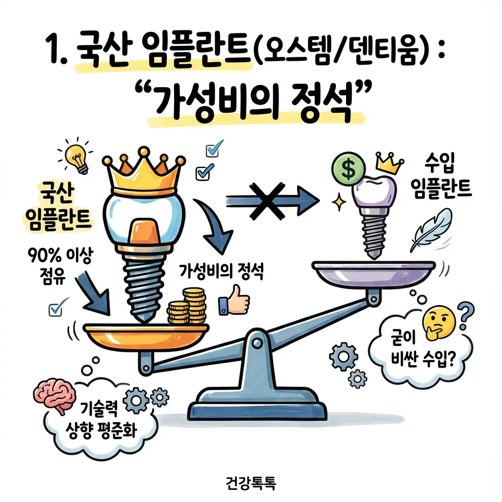 오스템 덴티움 등 국산 임플란트의 가성비와 기술력 상향 평준화 설명