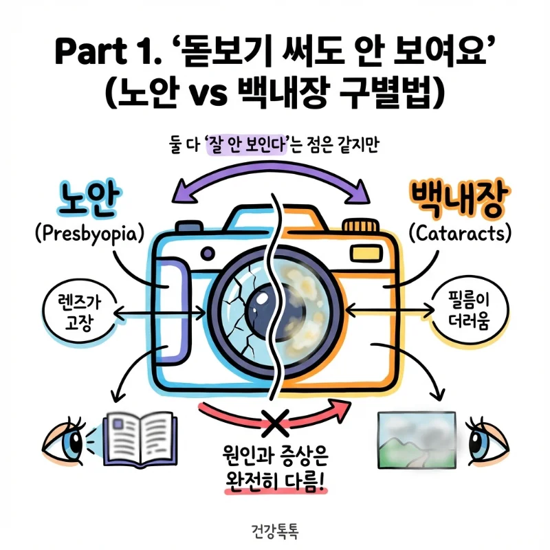 수정체 렌즈 고장인 노안과 필름이 혼탁해진 백내장 증상 및 원인 비교 그림