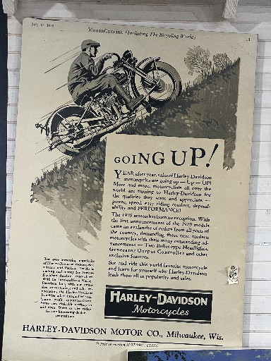 Vintage Harley-Davidson motorcycle print advertisement titled 'Going Up!' from circa 1929