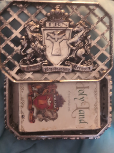 Silver-tone metal trinket box featuring Trinity Broadcasting Network (TBN) logo with lion and horse heraldic crest