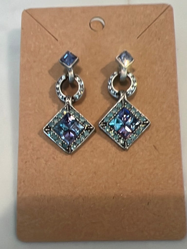 Silver-tone drop earrings with blue crystal stones in geometric Art Deco style