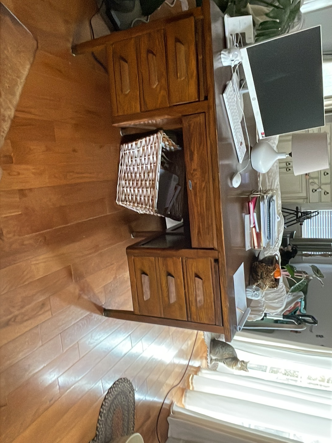 Solid oak mid-century desk with cabinet doors by Van Sciver Furniture Company