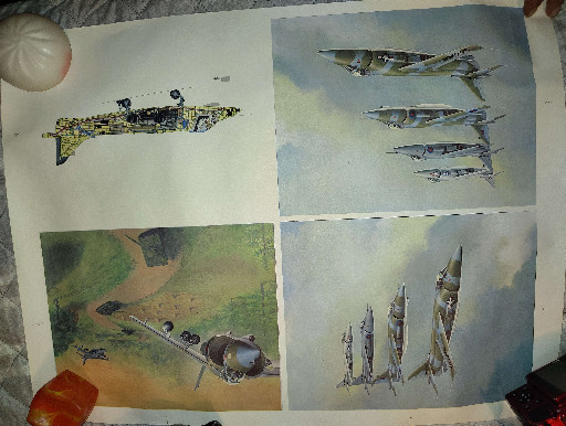 Collection of original concept art and technical illustrations depicting experimental and fictional aircraft designs