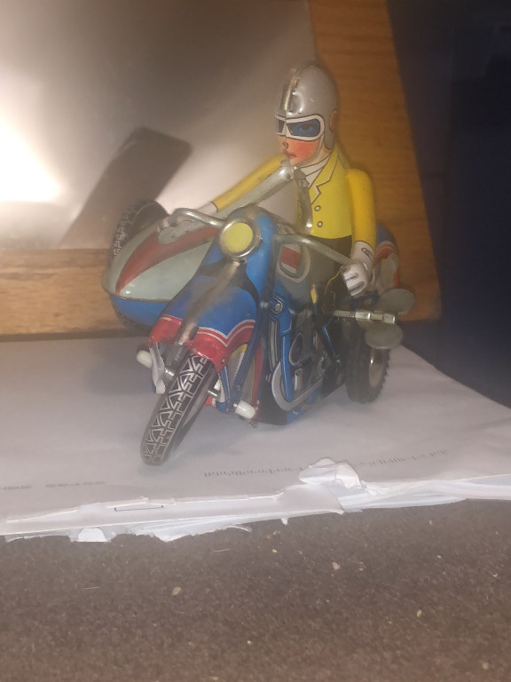 Tinplate wind-up motorcycle with sidecar toy, model MS-709, made in China