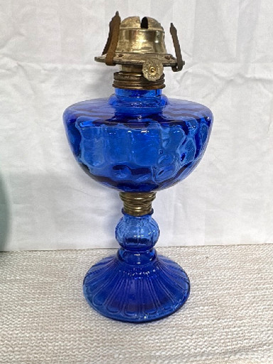 Cobalt blue pressed glass kerosene oil lamp with brass burner, American EAPG (Early American Pattern Glass)