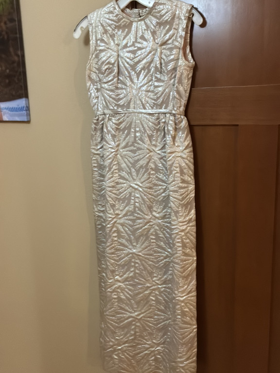 Sleeveless silver metallic embroidered evening gown with geometric floral pattern