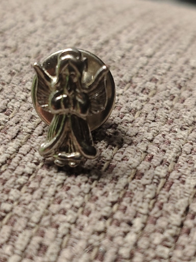 Metal lapel pin depicting an angel holding a book