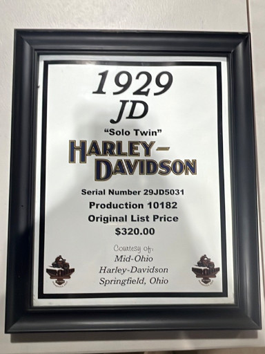 Framed commemorative certificate for 1929 Harley-Davidson 'Solo Twin' motorcycle