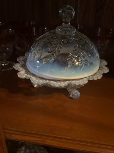 Opalescent glass butter dish with dome cover in the Iris with Meander pattern