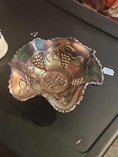 Carnival glass bowl with grape and leaf pattern