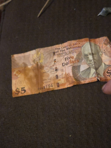 Paper currency, Bahamas Five Dollars banknote issued by Central Bank of the Bahamas