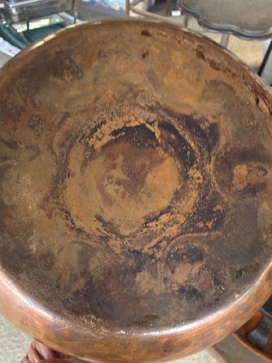 Vintage hand-hammered copper vessel or bowl with tinned interior