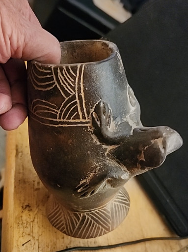 Pre-Columbian Chancay bi-chrome pottery effigy vessel with zoomorphic figure