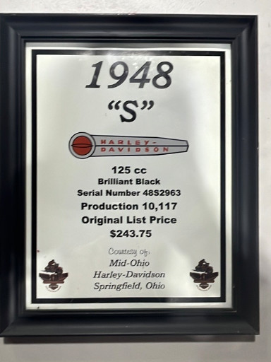 Framed commemorative plaque for 1948 Harley-Davidson 'S' Model 125cc motorcycle