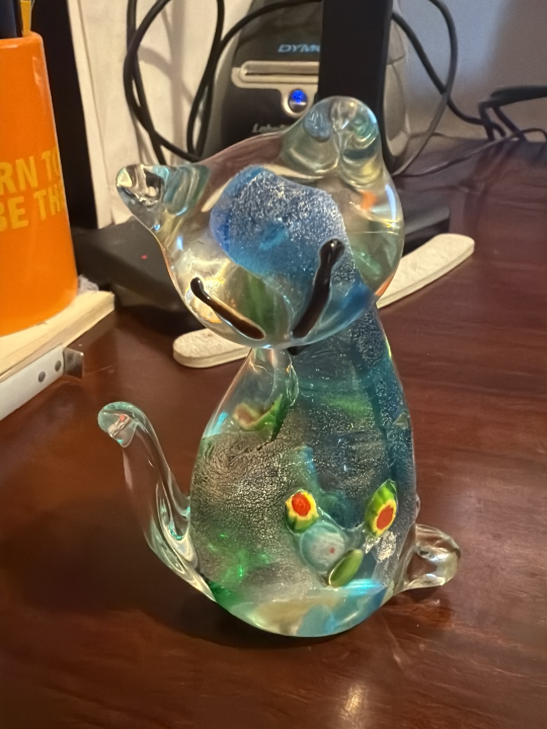 Scultura in vetro di Murano con tecnica millefiori a forma di gatto