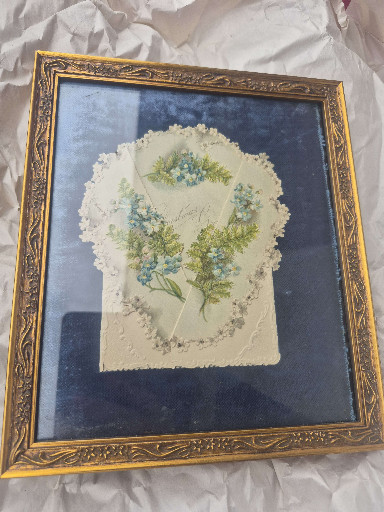 Framed Victorian-era embossed greeting card with forget-me-not flowers, circa 1911