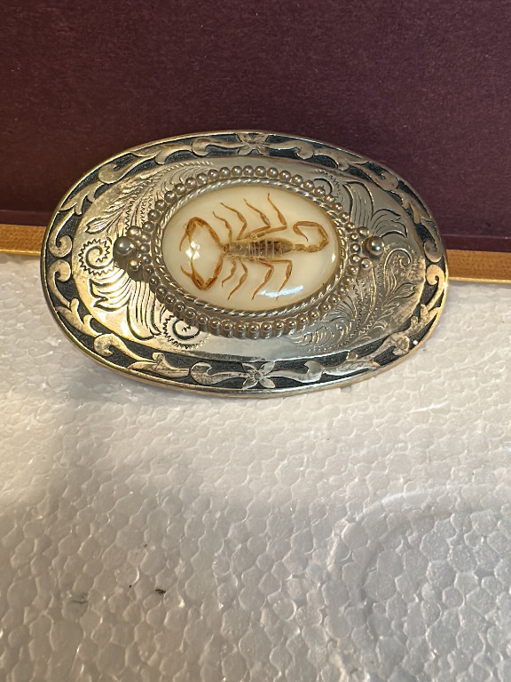 Metal belt buckle with encased scorpion specimen in resin centerpiece