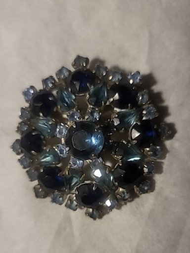 Vintage costume jewelry brooch with dark & light blue and rhinestones in dome shape