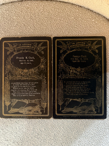 Victorian-era memorial cabinet cards titled 'In Loving Remembrance' for Francis M. Clark and Thomas Clark