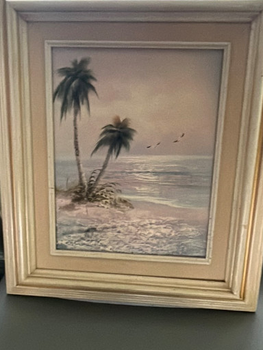 Oil painting depicting a tropical beach scene with palm trees and seagulls