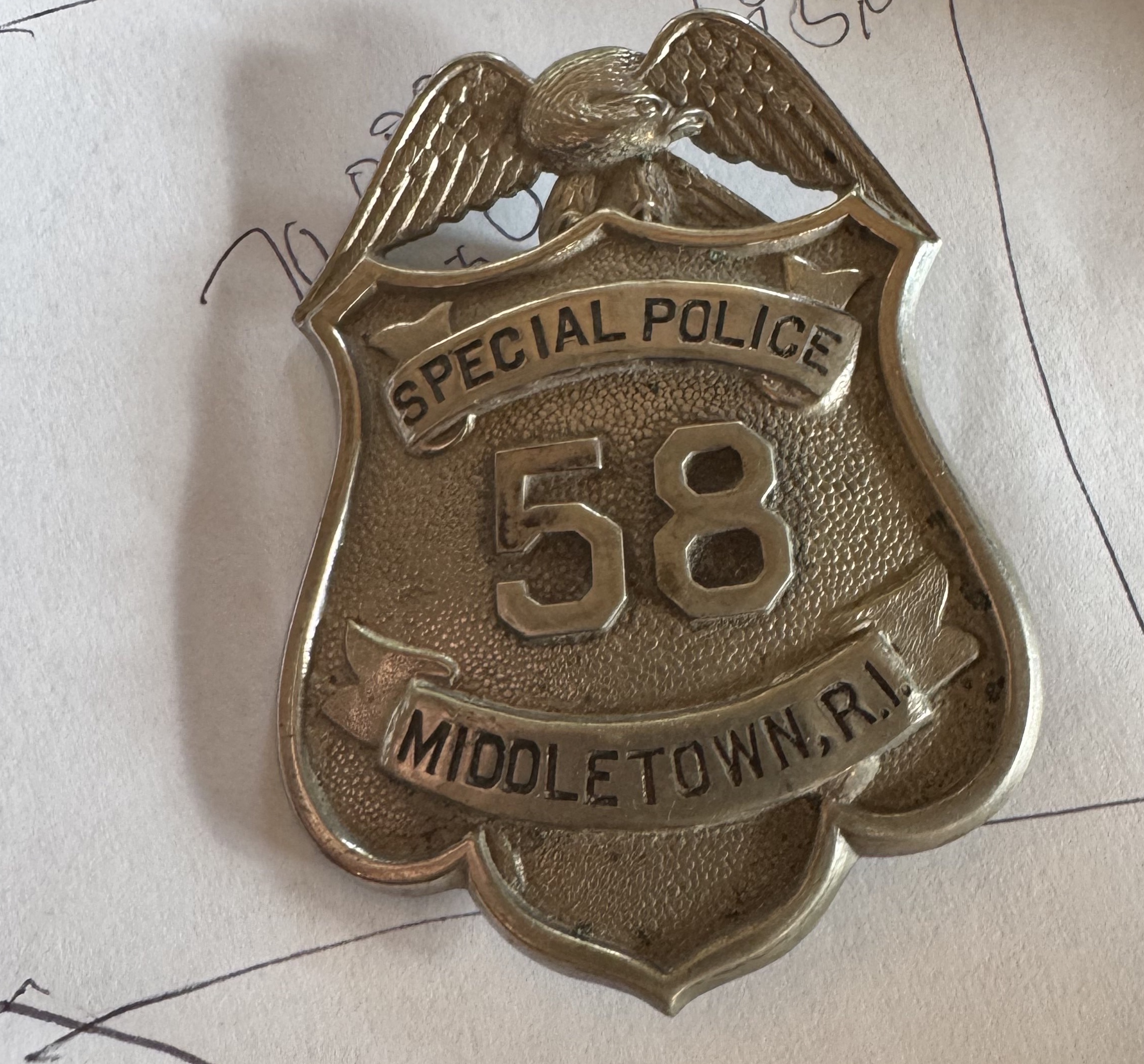 Metal Special Police badge #58 from Middletown, Rhode Island