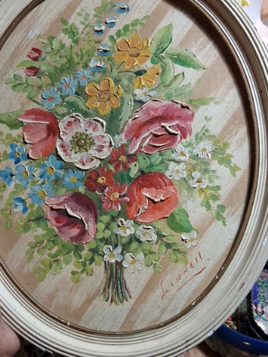 Oil painting on board titled 'Floral Bouquet' by Linell