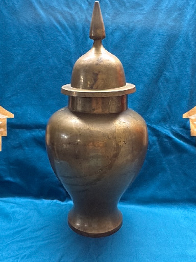 Brass lidded urn vase with finial, made in India