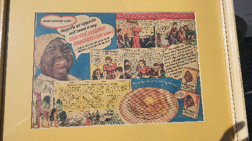 Vintage Aunt Jemima pancake advertisement from circa 1940, featuring comic-style illustrated narrative