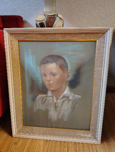Pastel portrait drawing titled 'Portrait of Young Boy' by mid-20th century artist