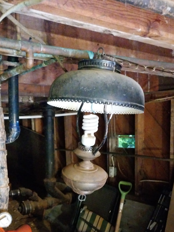 Converted oil lamp ceiling light with metal shade and glass font