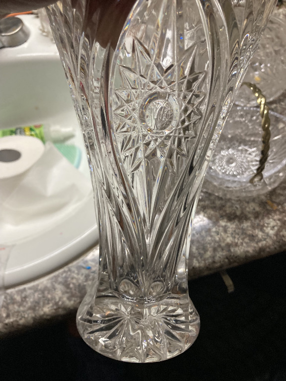 Cut crystal footed vase with sunburst and sawtooth design, likely Bavarian or West German