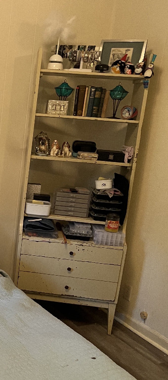 Mid-century modern étagère with drawers in distressed white finish