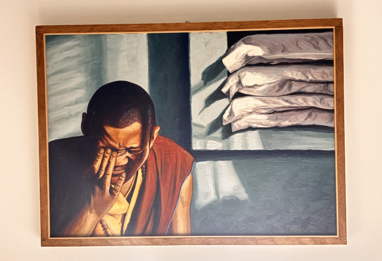 Dipinto ad olio su tela raffigurante un monaco buddista