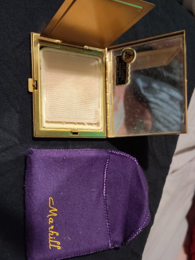Vintage gold-tone powder compact with mother-of-pearl inlay by Marshall