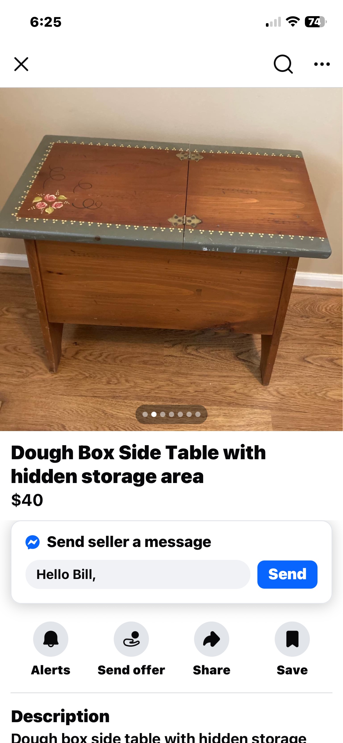 Wooden dough box side table with hand-painted floral decoration
