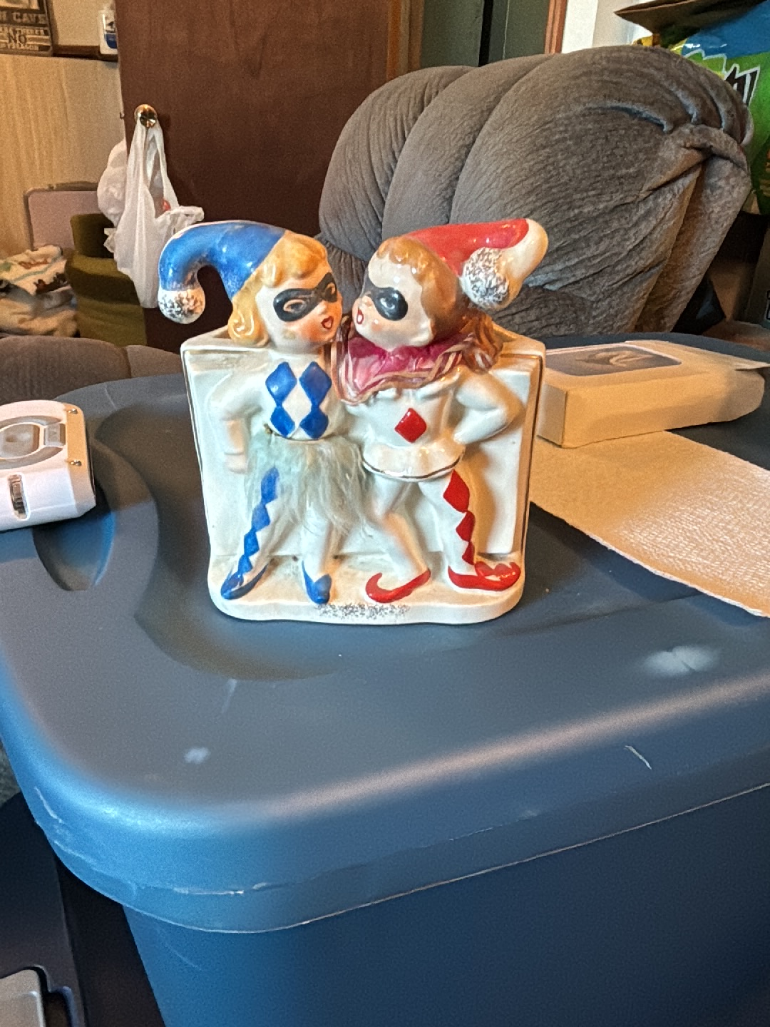Porcelain figurine of Harlequin couple in masked costumes by Schafer and Vater