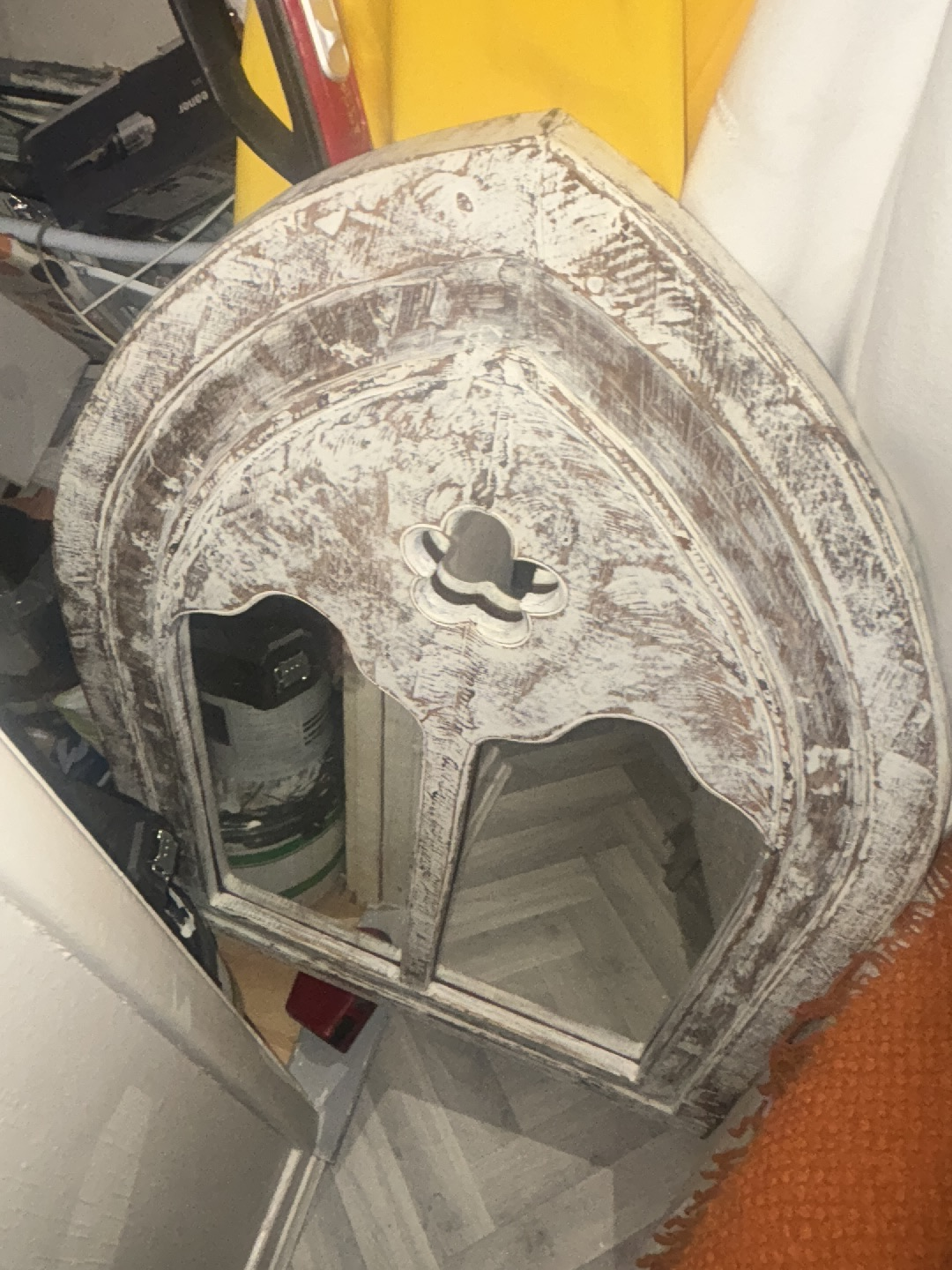 Wooden Gothic arch mirror with quatrefoil detail, whitewashed finish