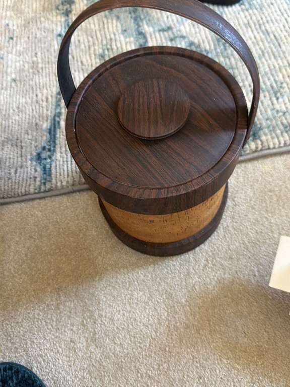 Cork and vinyl ice bucket with wood handle, titled '1970s Cork & Vinyl Ice Bucket', maker unknown