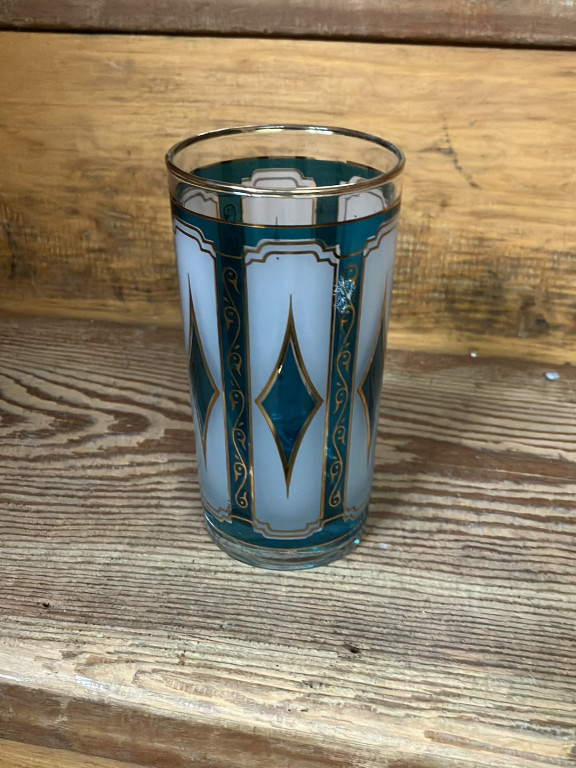 Glass highball tumbler with teal and gold diamond pattern by Libbey Glass Company