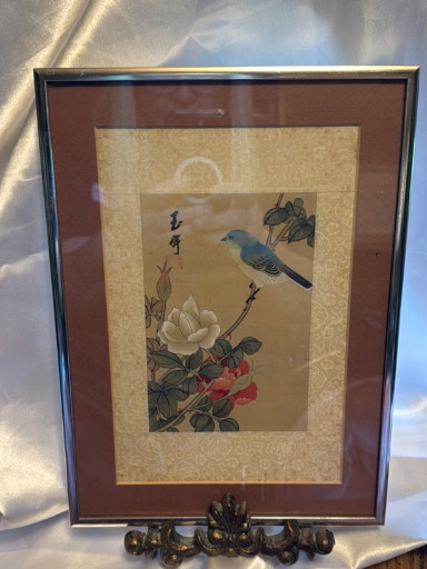 Chinese watercolor painting on silk depicting a blue bird perched on a flowering branch with lotus blooms