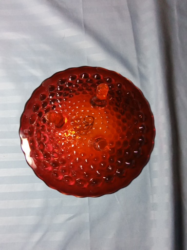 Amberina hobnail glass footed dish