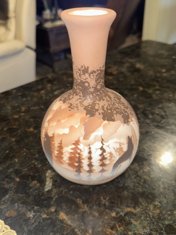 Cameo glass vase with winter landscape design by Cedar Mesa Pottery