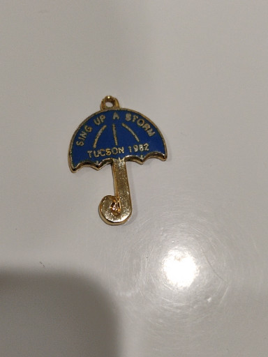 Enamel and gold-tone metal lapel pin badge titled 'Suns Up in Tucson' featuring an umbrella design