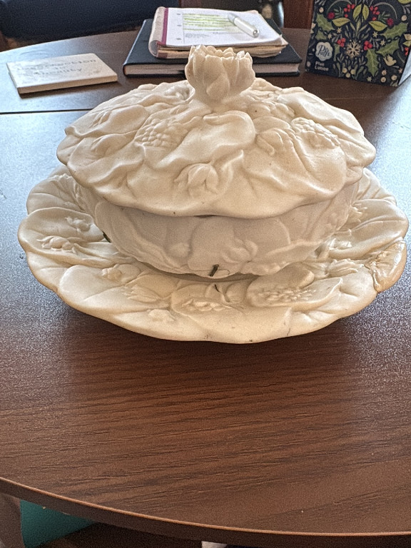 Parian ware covered butter dish with lily pad and floral decoration, attributed to Minton