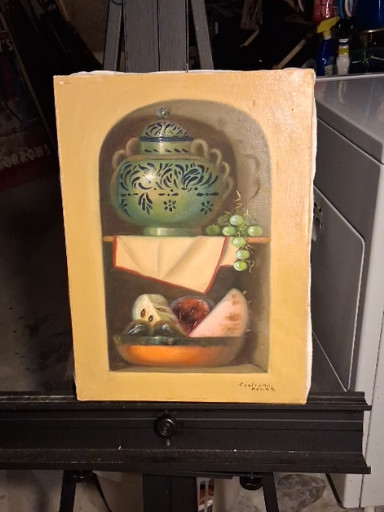 Oil painting titled 'Still Life with Decorated Jar and Fruit' by Orlando