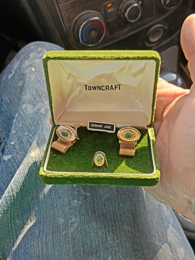Gold-tone cufflinks and tie tack set with green jade cabochons by Towncraft
