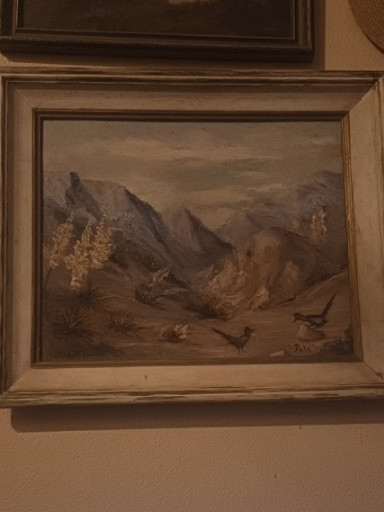 Oil painting depicting a mountainous landscape with birds