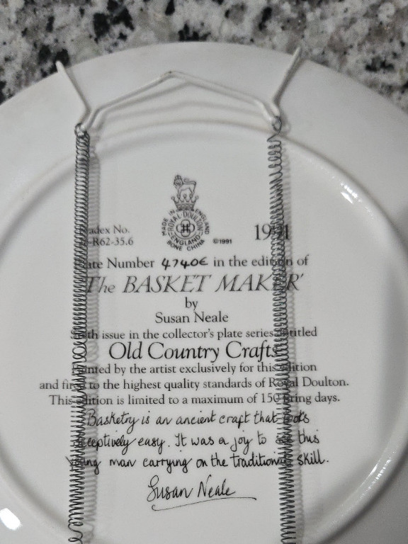 Royal Doulton collector plate titled 'The Basket Maker' by Susan Neale